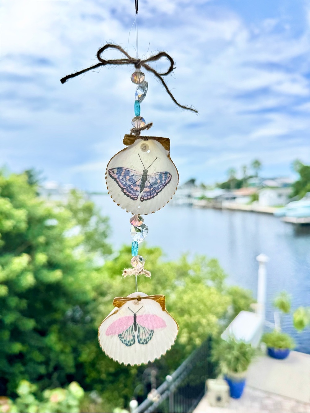 Handmade Butterfly Shell Hanging Suncatcher  - Pink & Blue